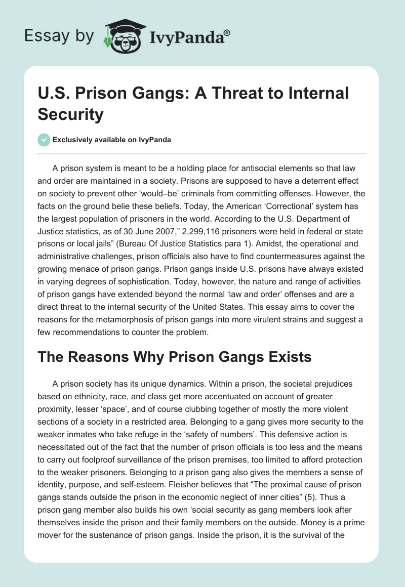 U.S. Prison Gangs: A Threat to Internal Security. Page 1