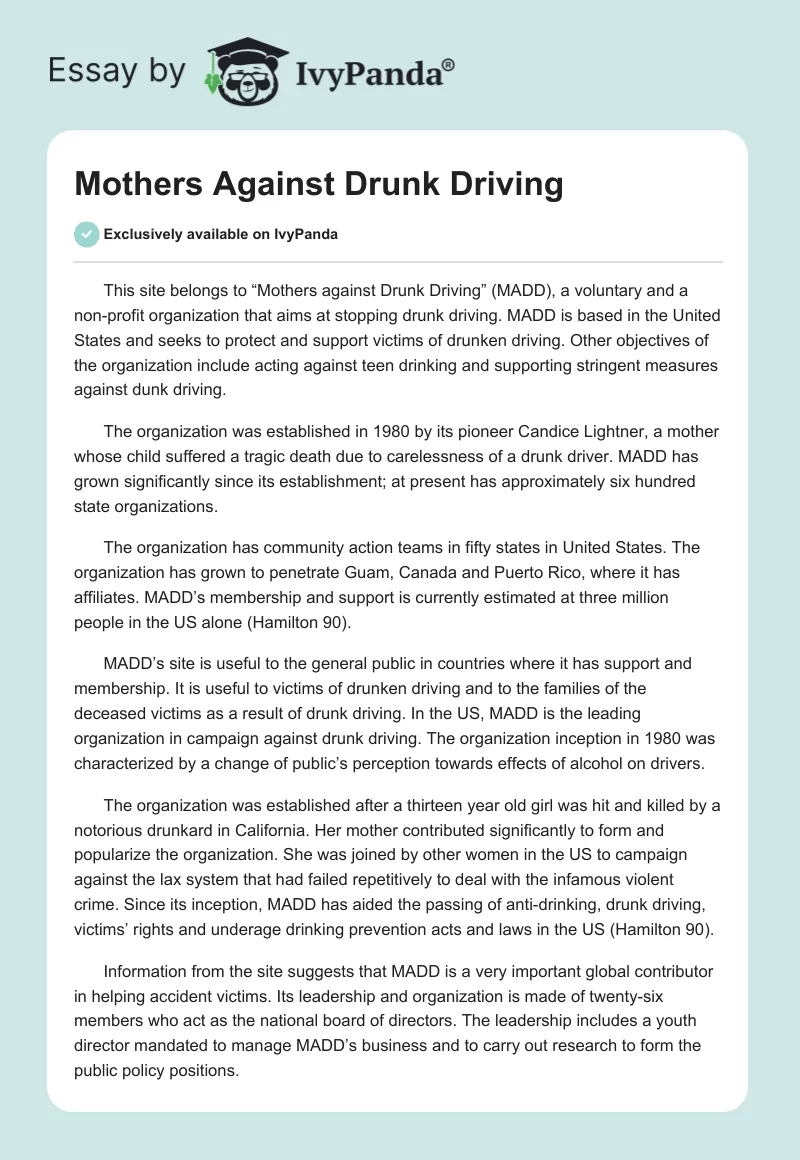 Mothers Against Drunk Driving. Page 1
