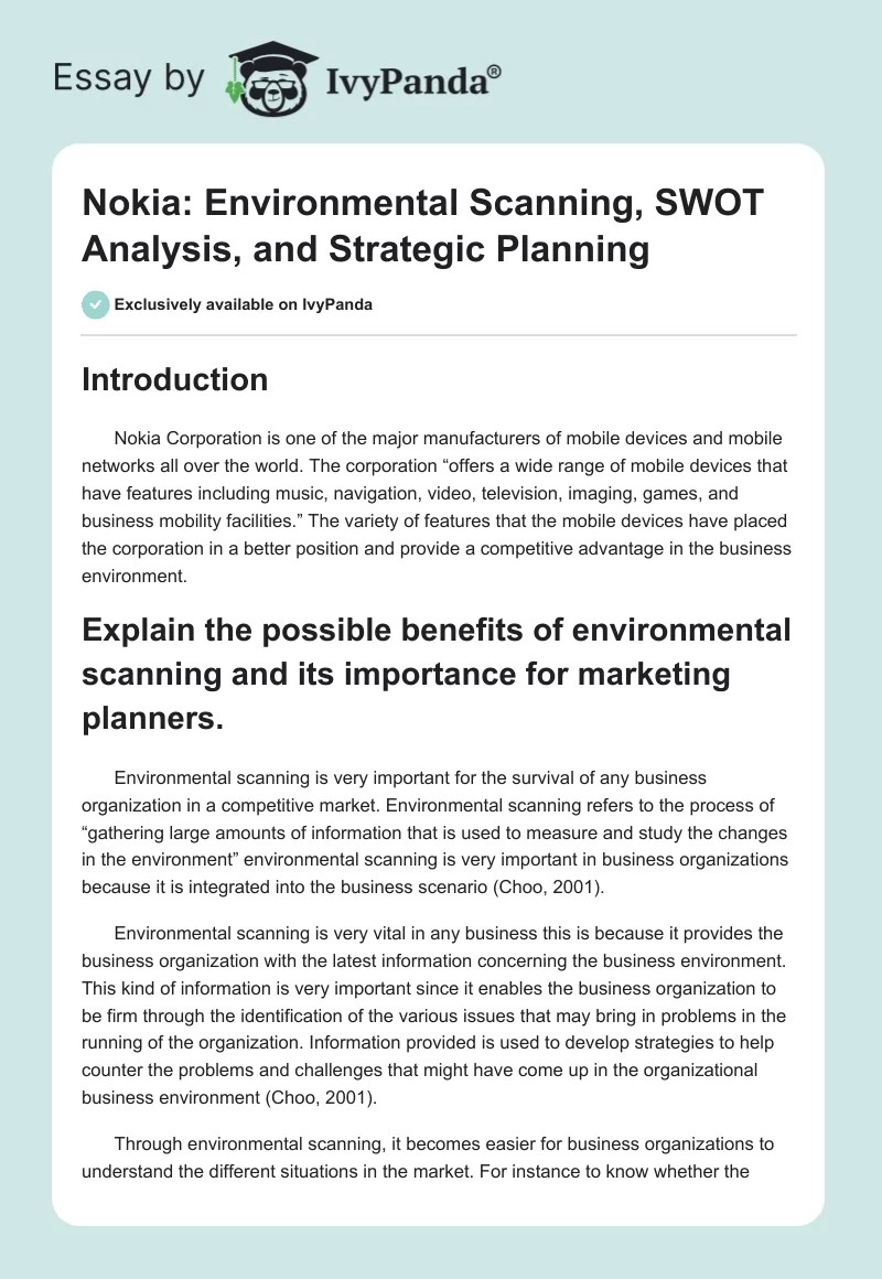 Nokia: Environmental Scanning, SWOT Analysis, and Strategic Planning. Page 1