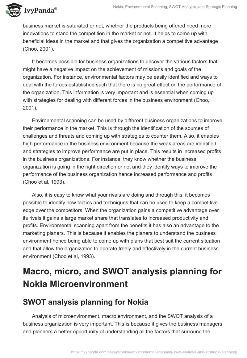 Nokia: Environmental Scanning, SWOT Analysis, and Strategic Planning. Page 2