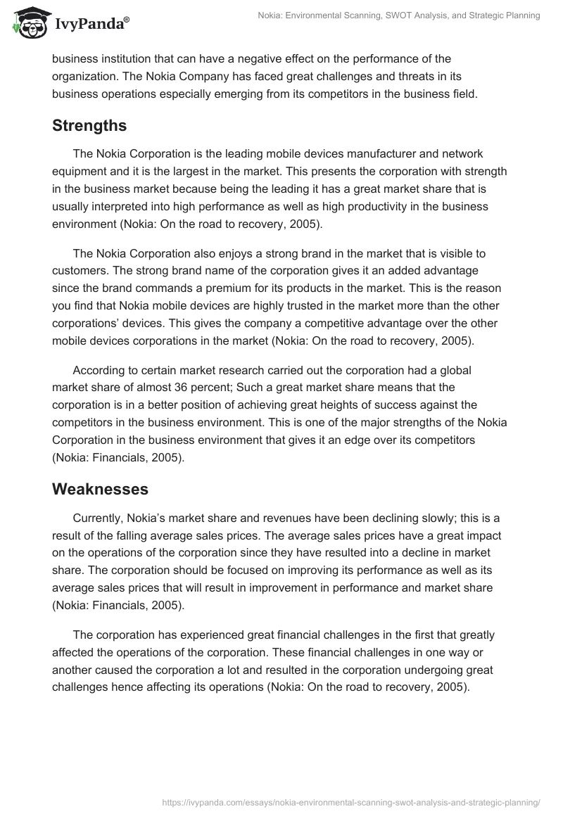 Nokia: Environmental Scanning, SWOT Analysis, and Strategic Planning. Page 3