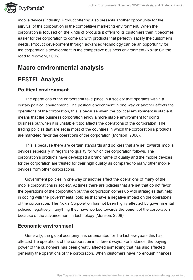 Nokia: Environmental Scanning, SWOT Analysis, and Strategic Planning. Page 5