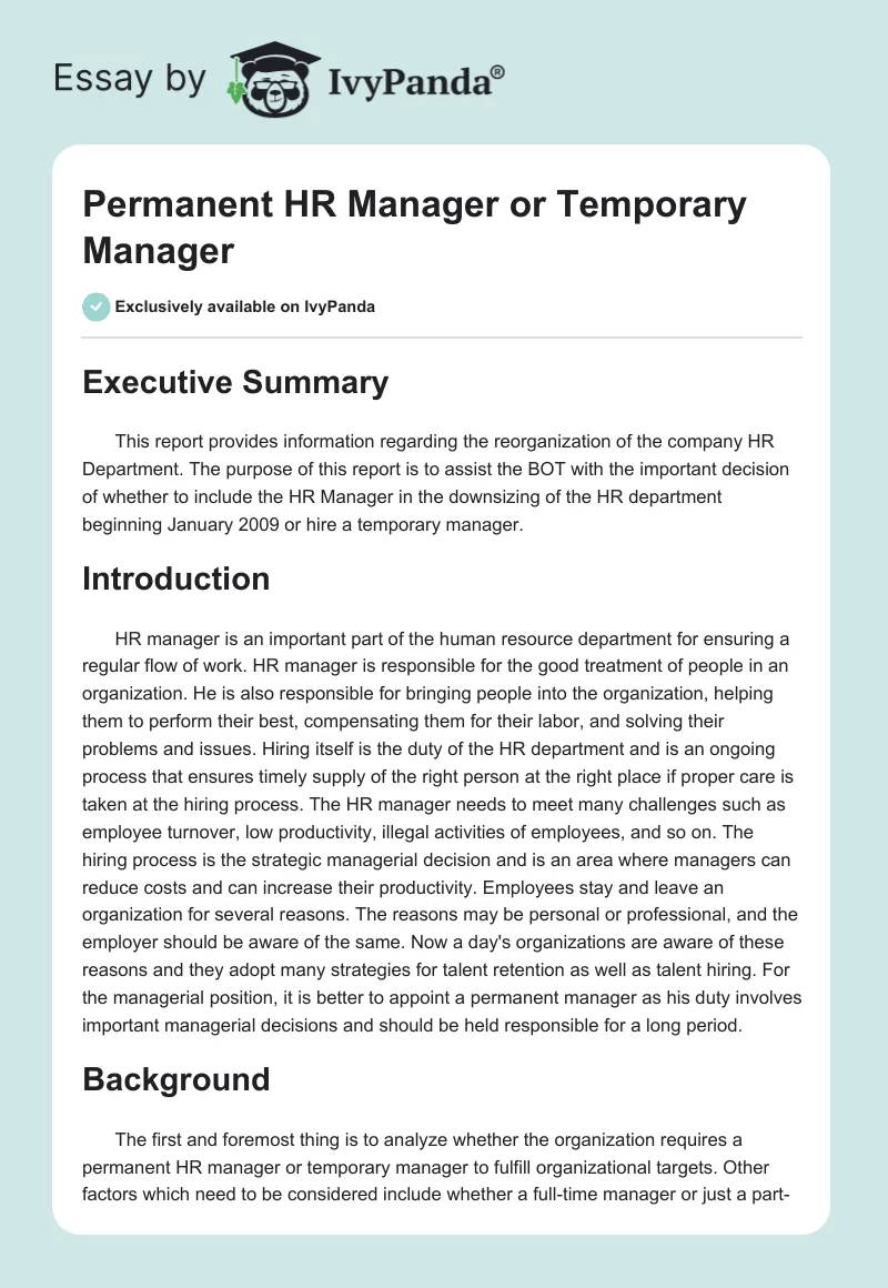 Permanent HR Manager or Temporary Manager. Page 1