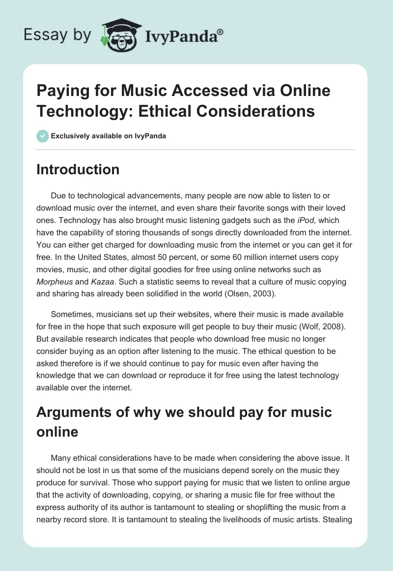 Paying for Music Accessed via Online Technology: Ethical Considerations. Page 1