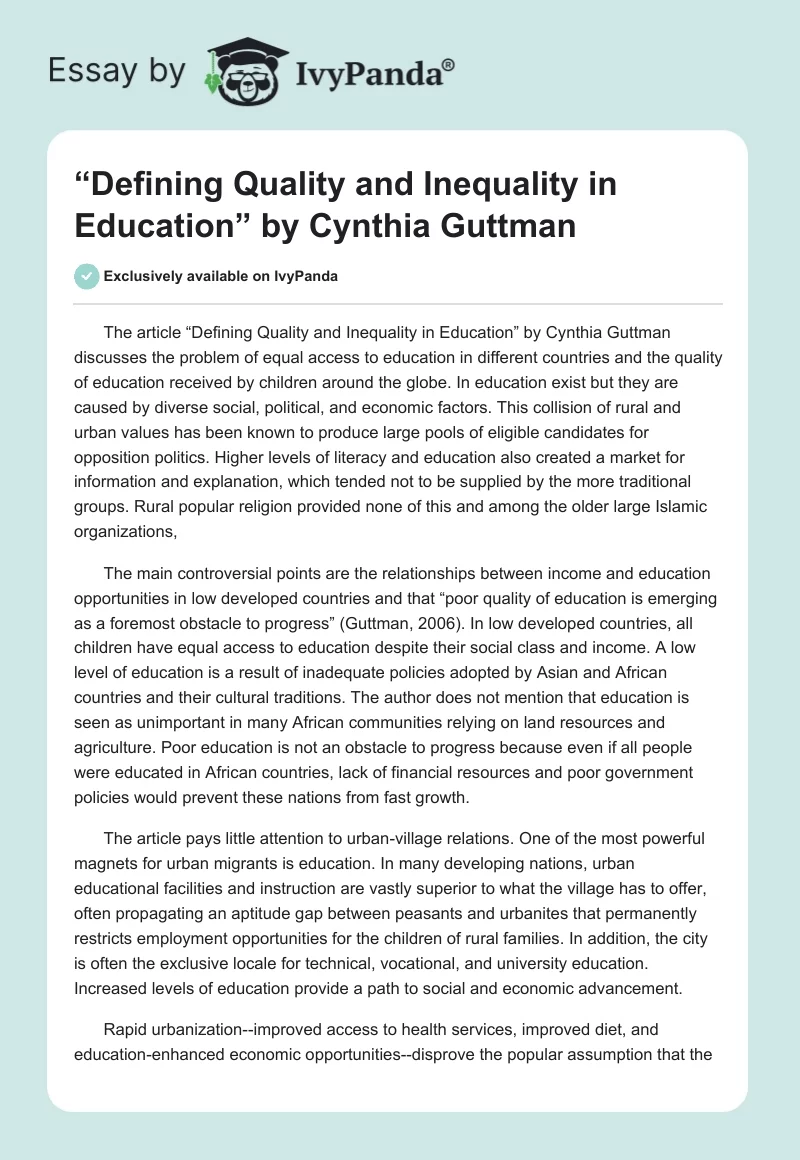 “Defining Quality and Inequality in Education” by Cynthia Guttman. Page 1
