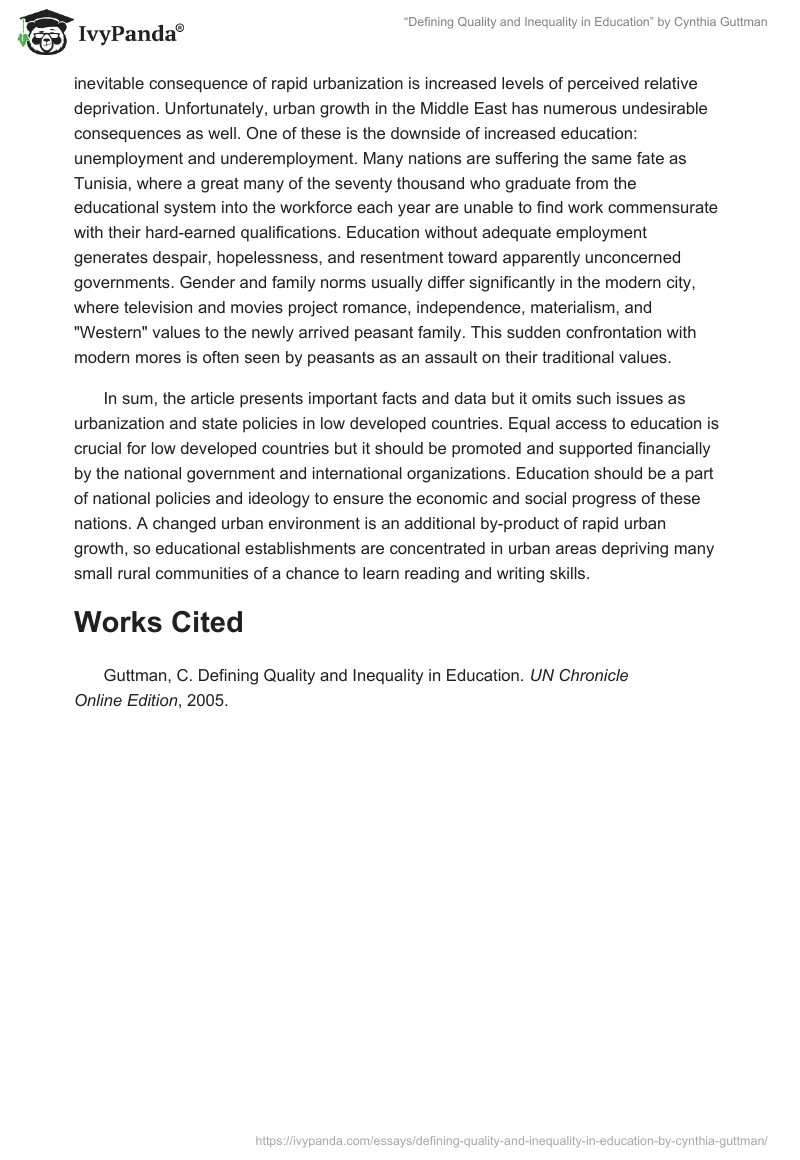 “Defining Quality and Inequality in Education” by Cynthia Guttman. Page 2