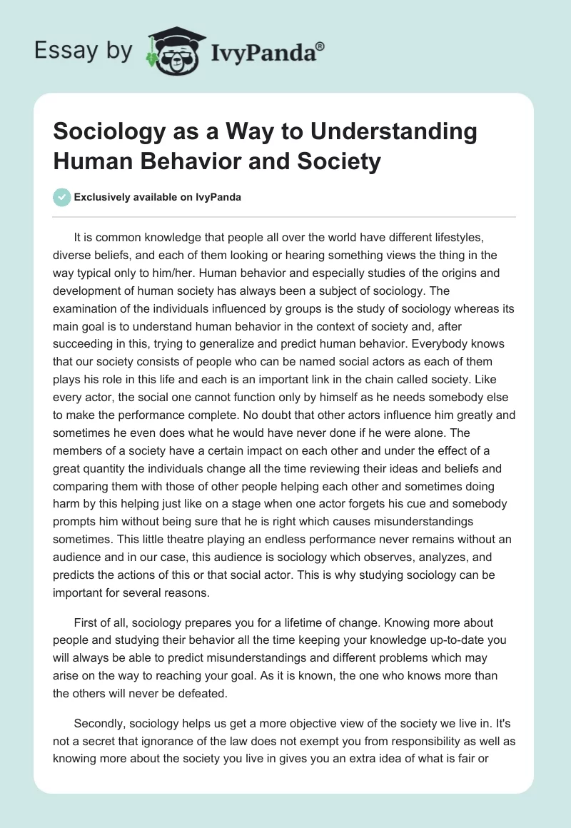Sociology as a Way to Understanding Human Behavior and Society. Page 1