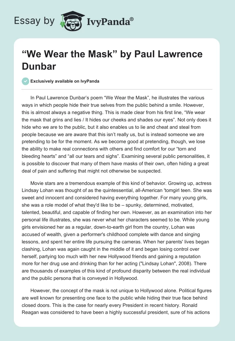 “We Wear the Mask” by Paul Lawrence Dunbar. Page 1