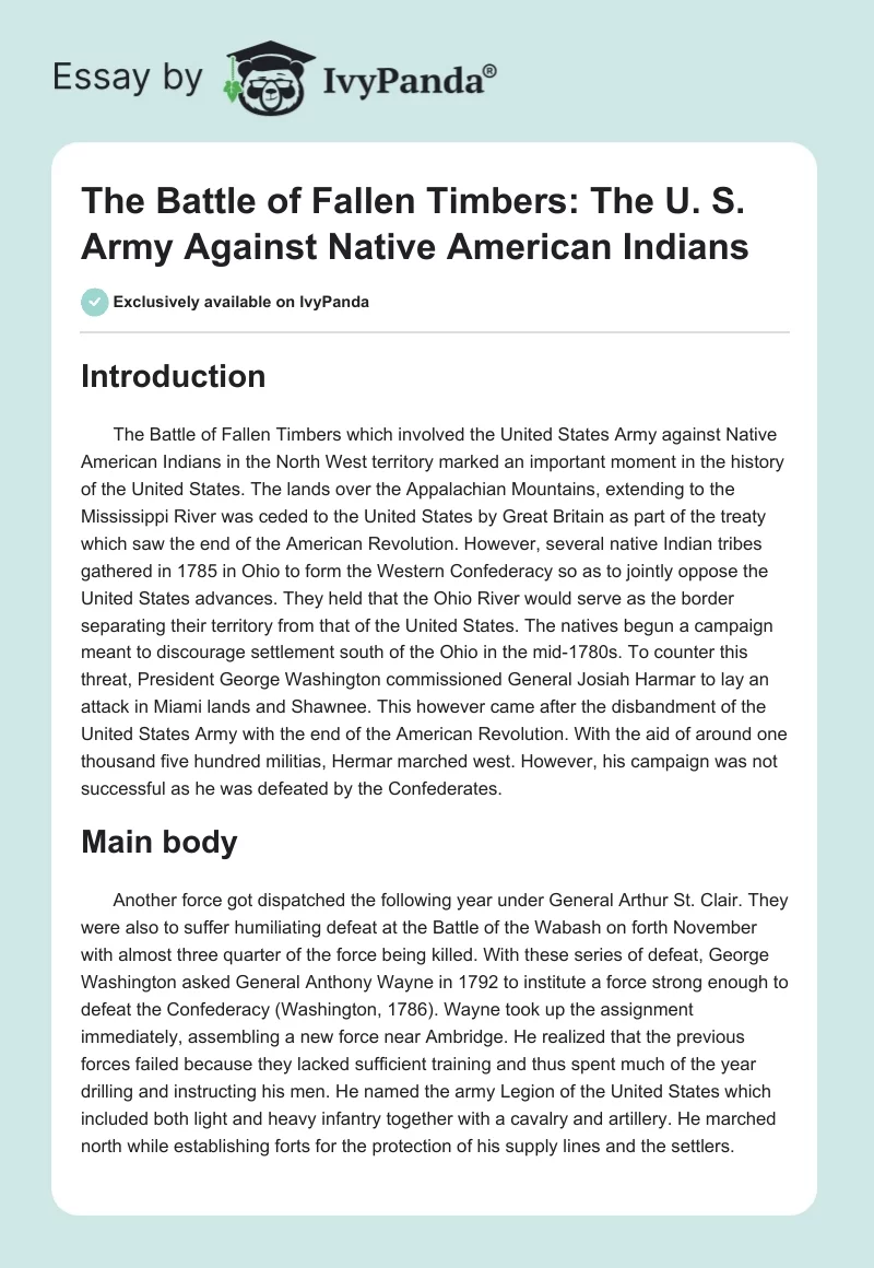 The Battle of Fallen Timbers: The U. S. Army Against Native American Indians. Page 1