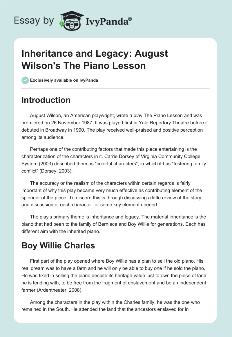 Inheritance and Legacy: August Wilson's "The Piano Lesson". Page 1