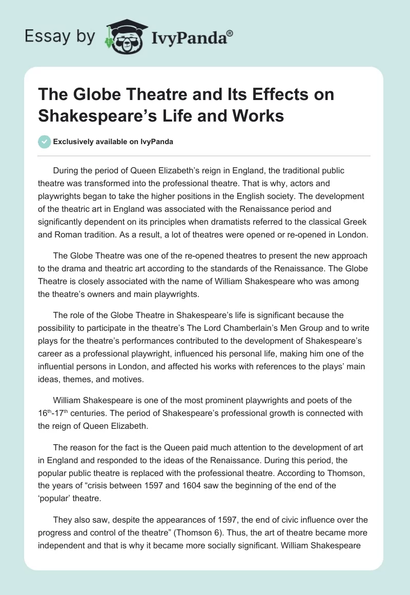 Why Was the Globe Theatre Important to Shakespeare?. Page 1