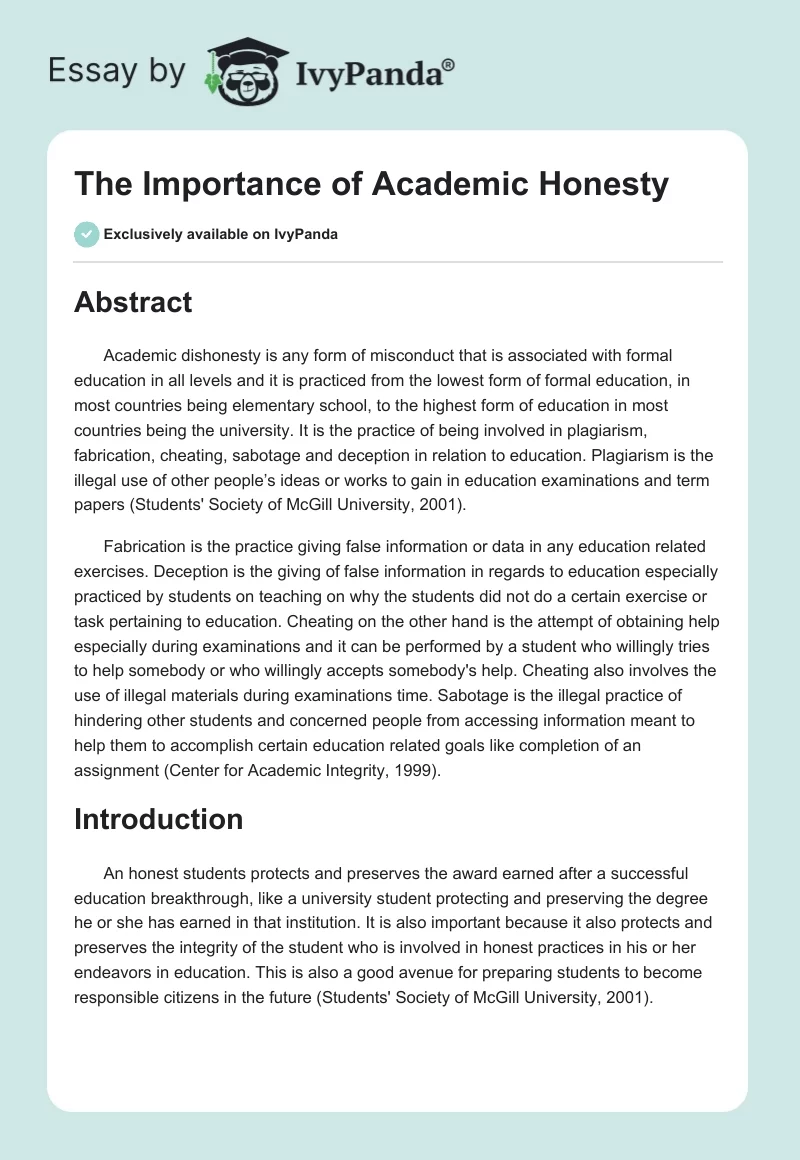 The Importance of Academic Honesty. Page 1