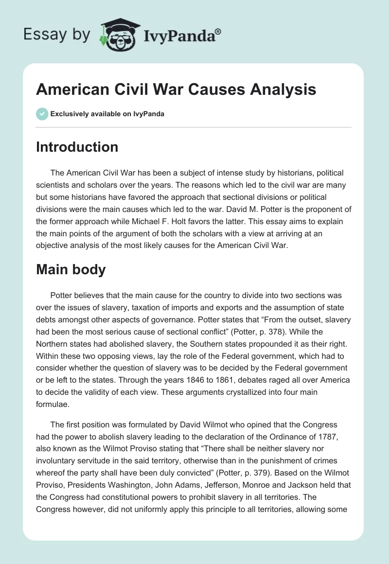 American Civil War Causes Analysis. Page 1