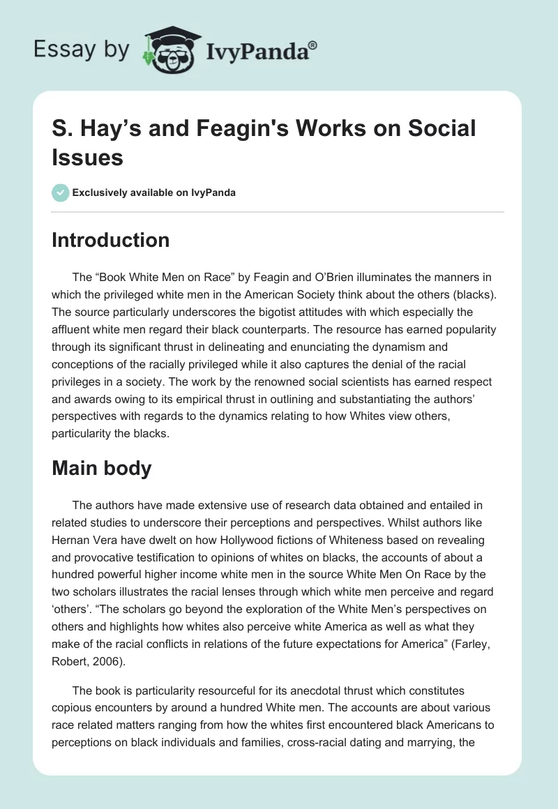 S. Hay’s and Feagin's Works on Social Issues. Page 1