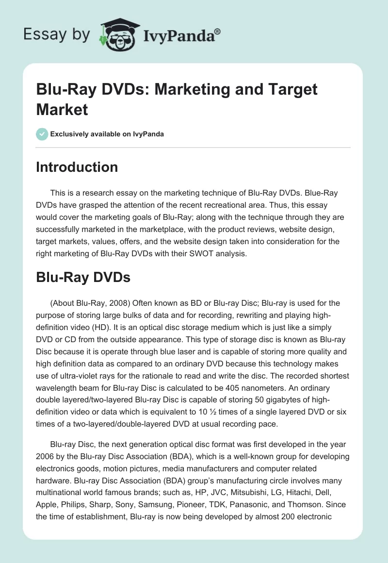 Blu-Ray DVDs: Marketing and Target Market. Page 1