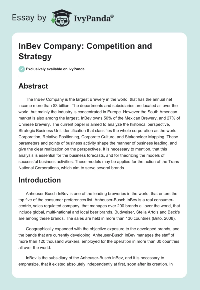 InBev Company: Competition and Strategy. Page 1