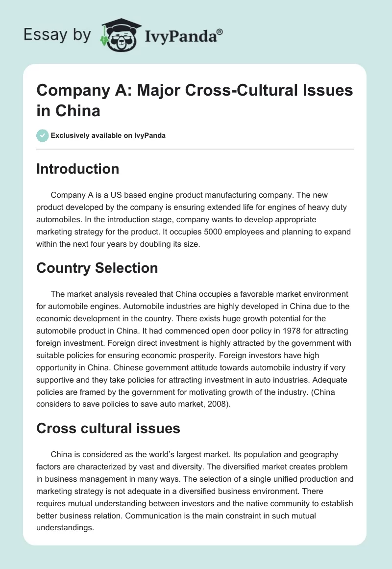 Company A: Major Cross-Cultural Issues in China. Page 1