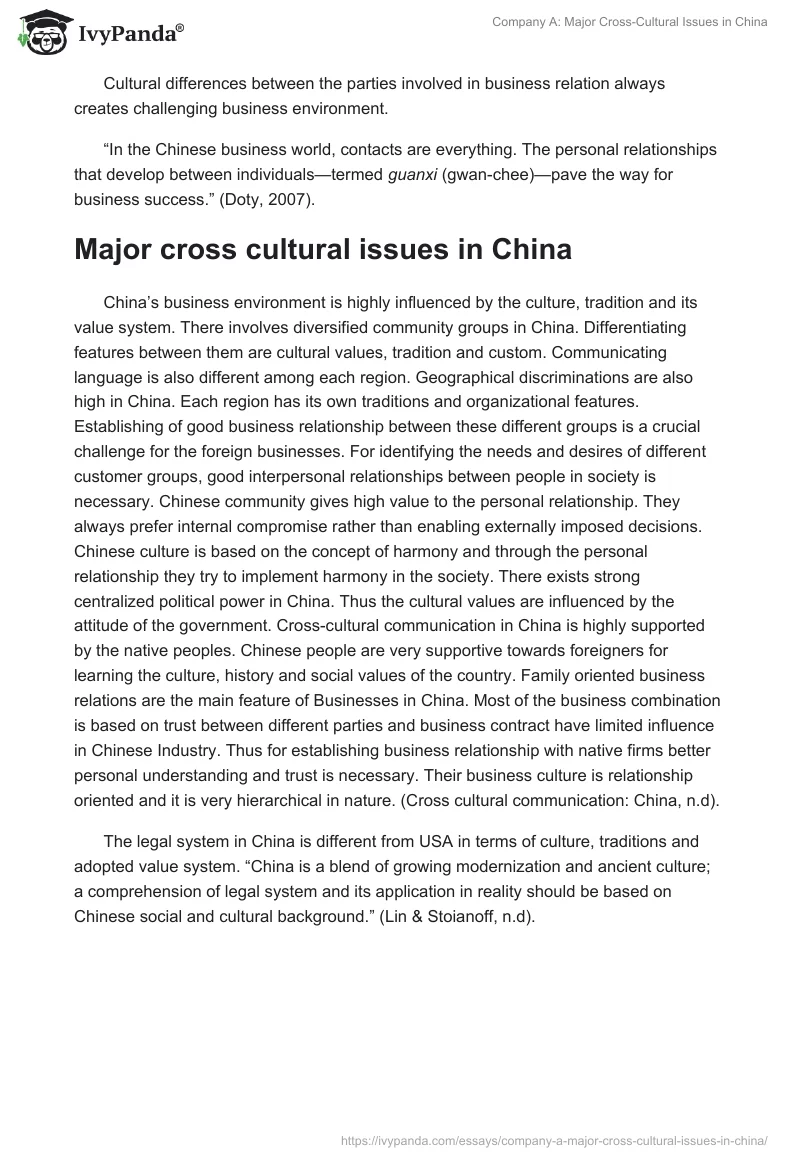 Company A: Major Cross-Cultural Issues in China. Page 2