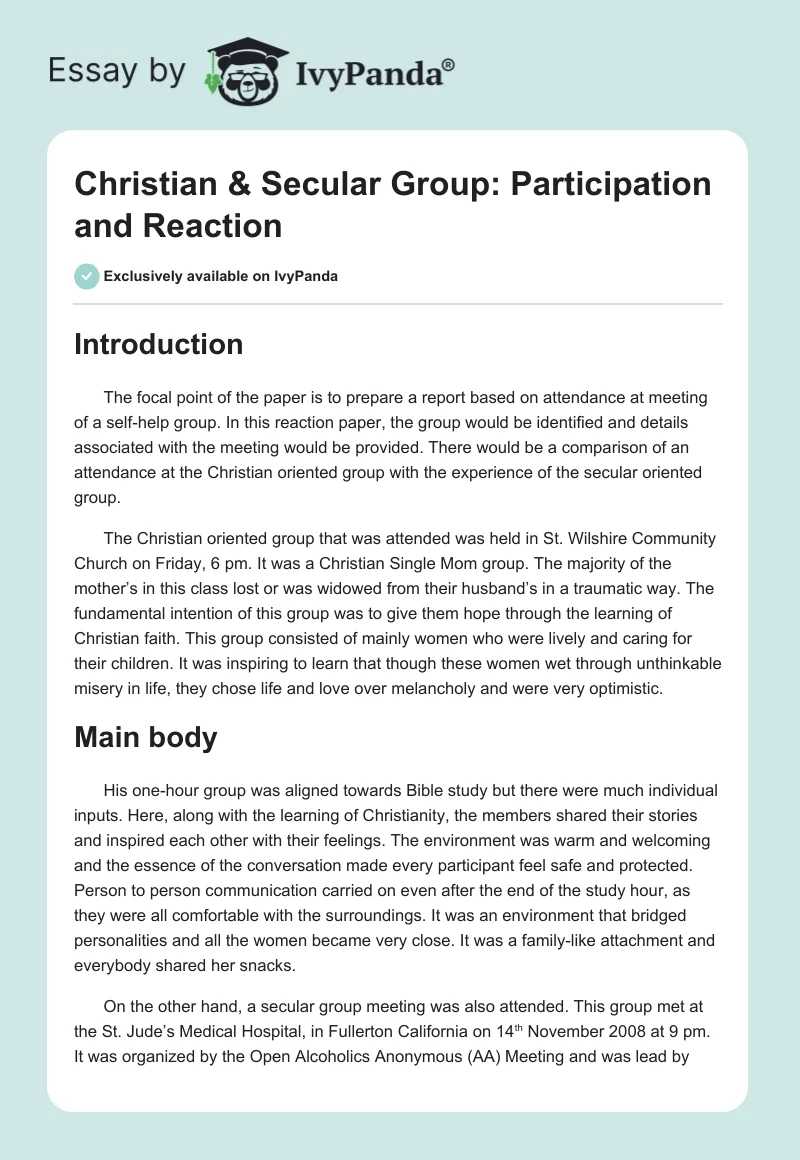 Christian & Secular Group: Participation and Reaction. Page 1