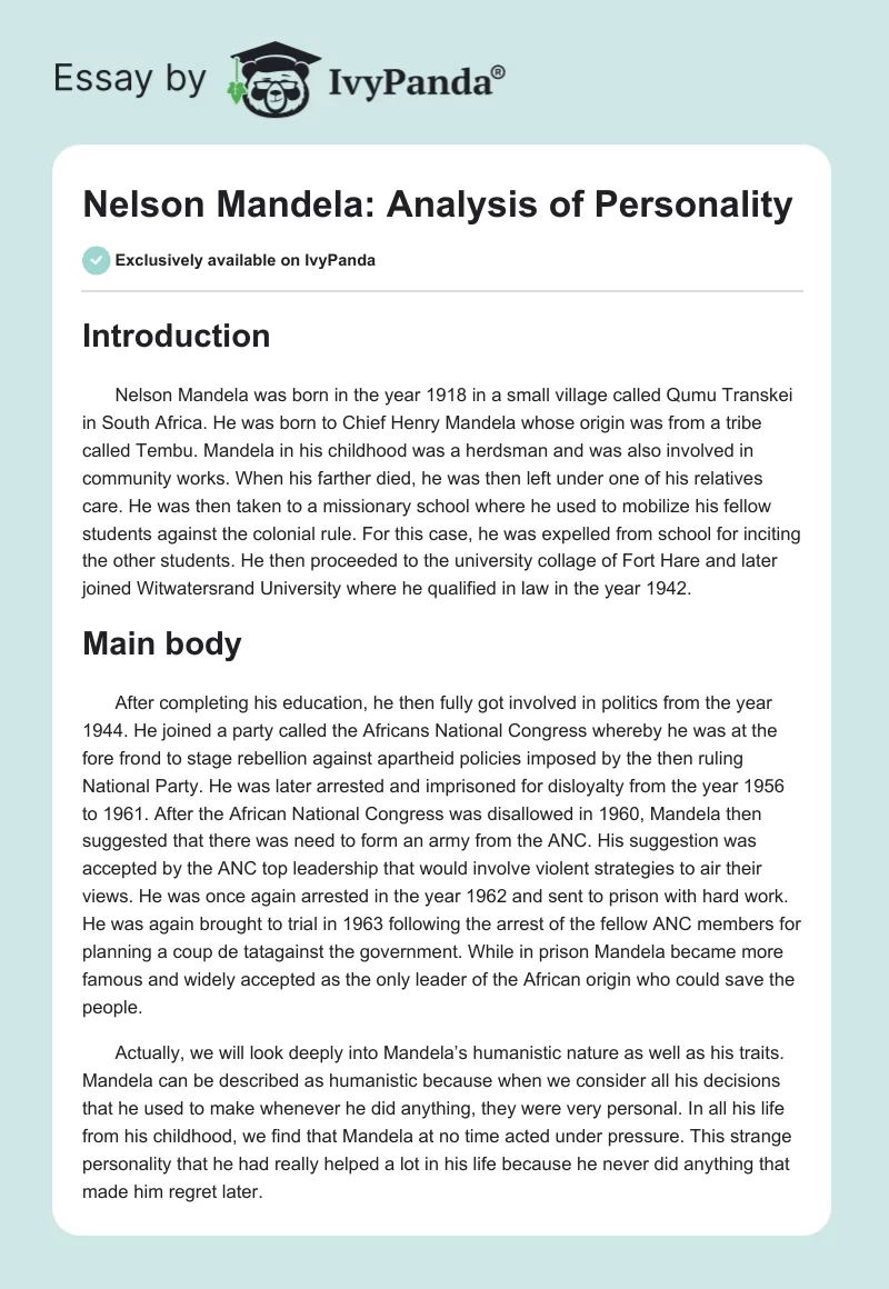 Nelson Mandela: Analysis of Personality. Page 1
