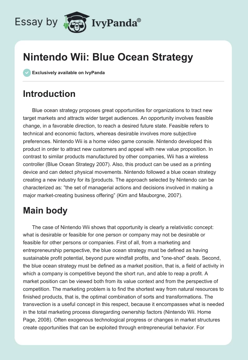 Nintendo Wii: Blue Ocean Strategy. Page 1