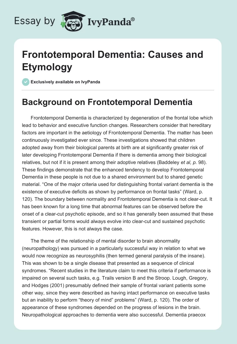 Frontotemporal Dementia: Causes and Etymology. Page 1