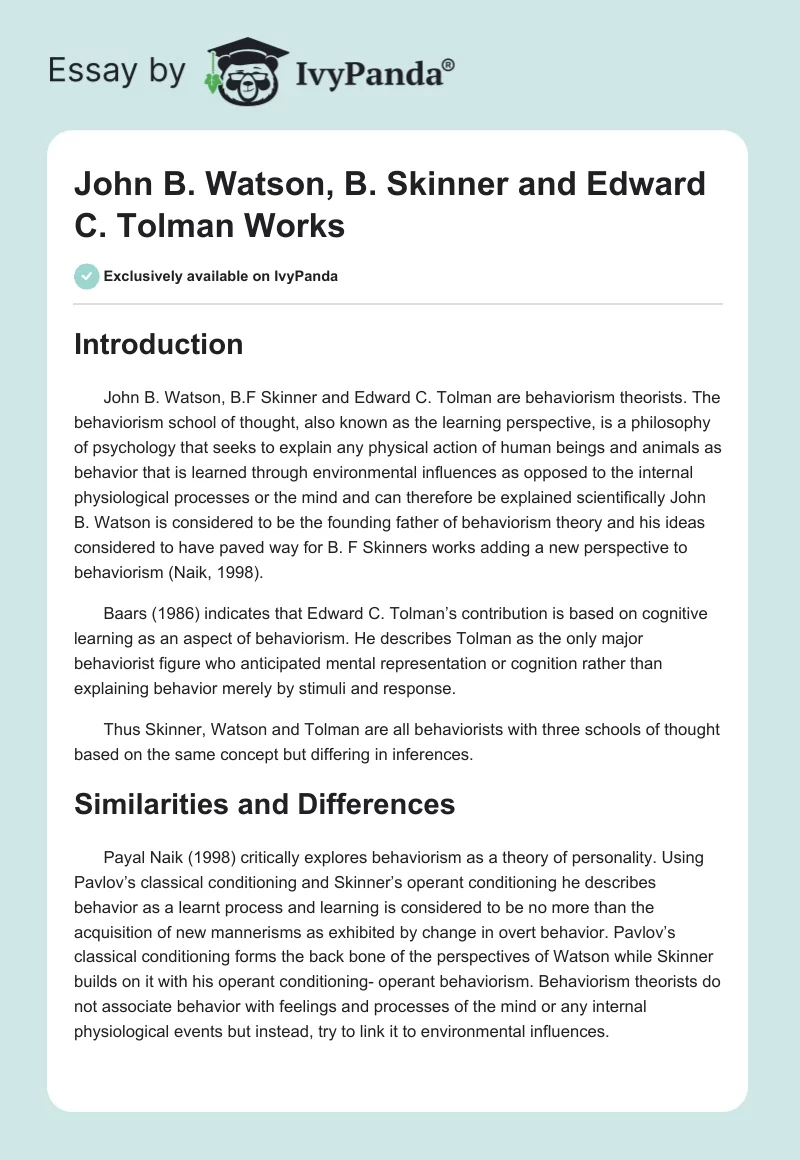 John B. Watson, B. Skinner and Edward C. Tolman Works. Page 1