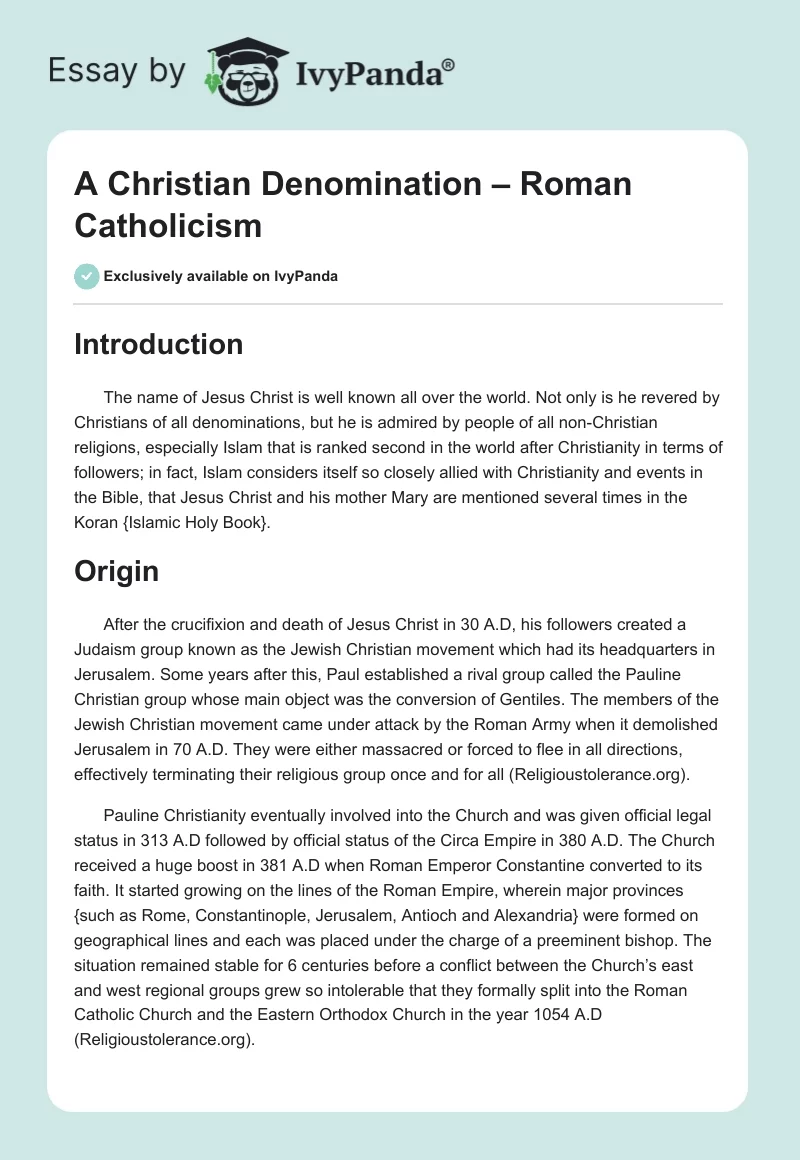 A Christian Denomination – Roman Catholicism. Page 1