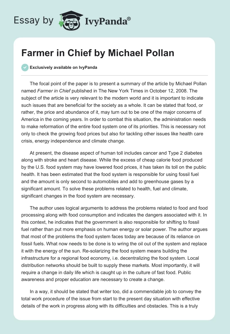 "Farmer in Chief" by Michael Pollan. Page 1
