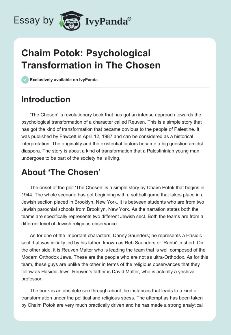Chaim Potok: Psychological Transformation in "The Chosen". Page 1