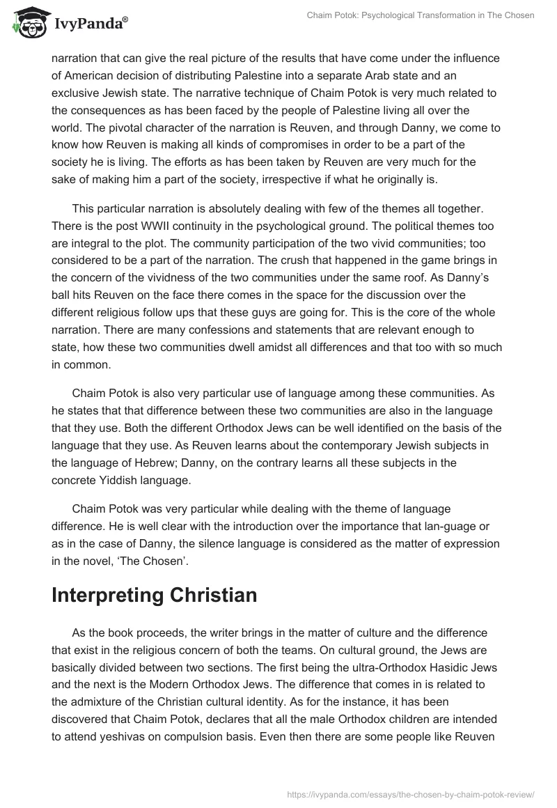 Chaim Potok: Psychological Transformation in "The Chosen". Page 2