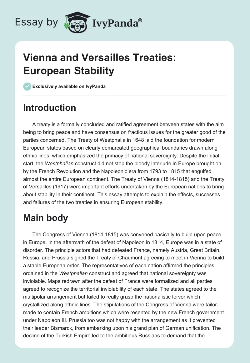 Vienna and Versailles Treaties: European Stability. Page 1