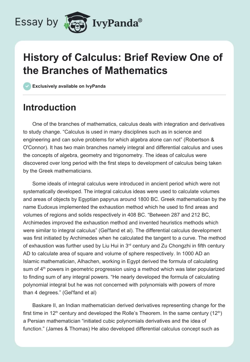 History of Calculus: Brief Review One of the Branches of Mathematics. Page 1