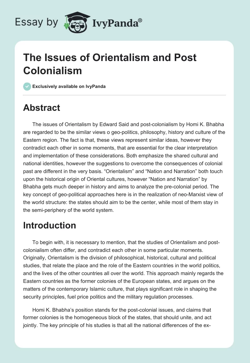 The Issues of Orientalism and Post Colonialism. Page 1