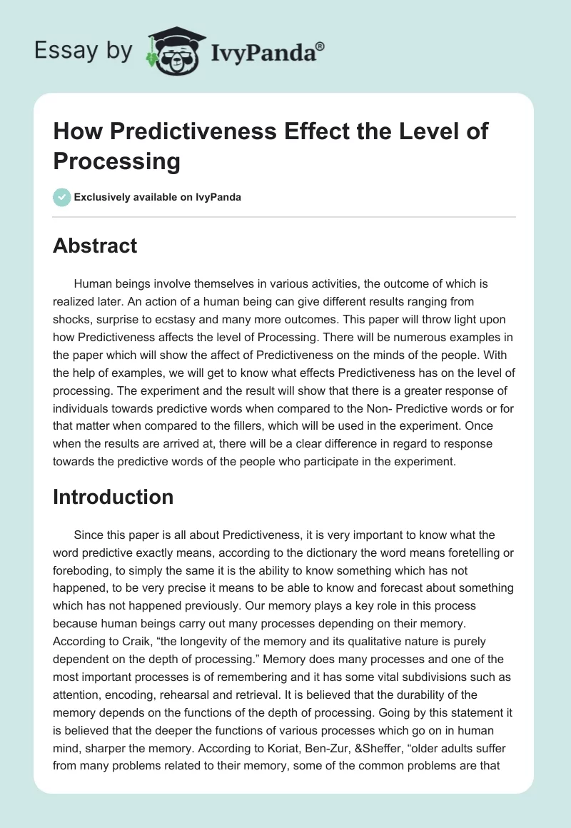 How Predictiveness Effect the Level of Processing. Page 1