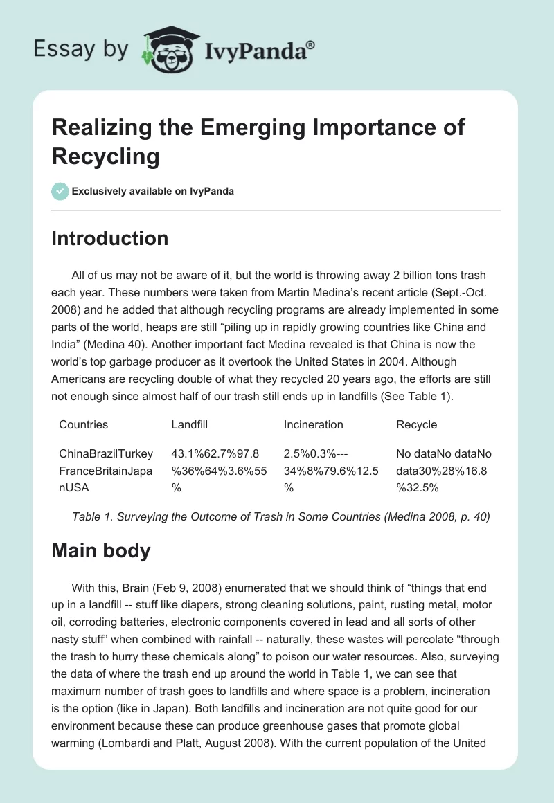 Realizing the Emerging Importance of Recycling. Page 1