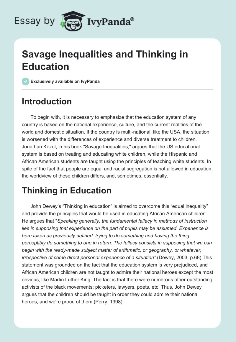 "Savage Inequalities" and "Thinking in Education". Page 1