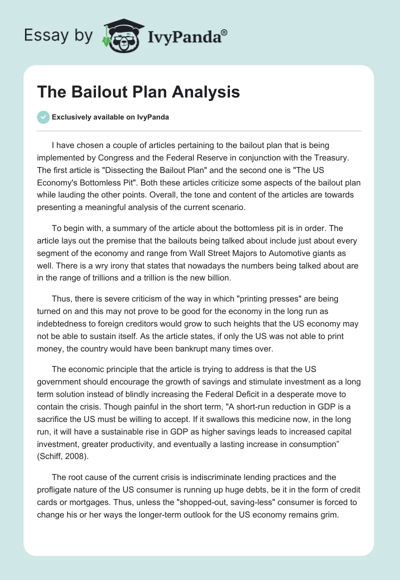 The Bailout Plan Analysis. Page 1