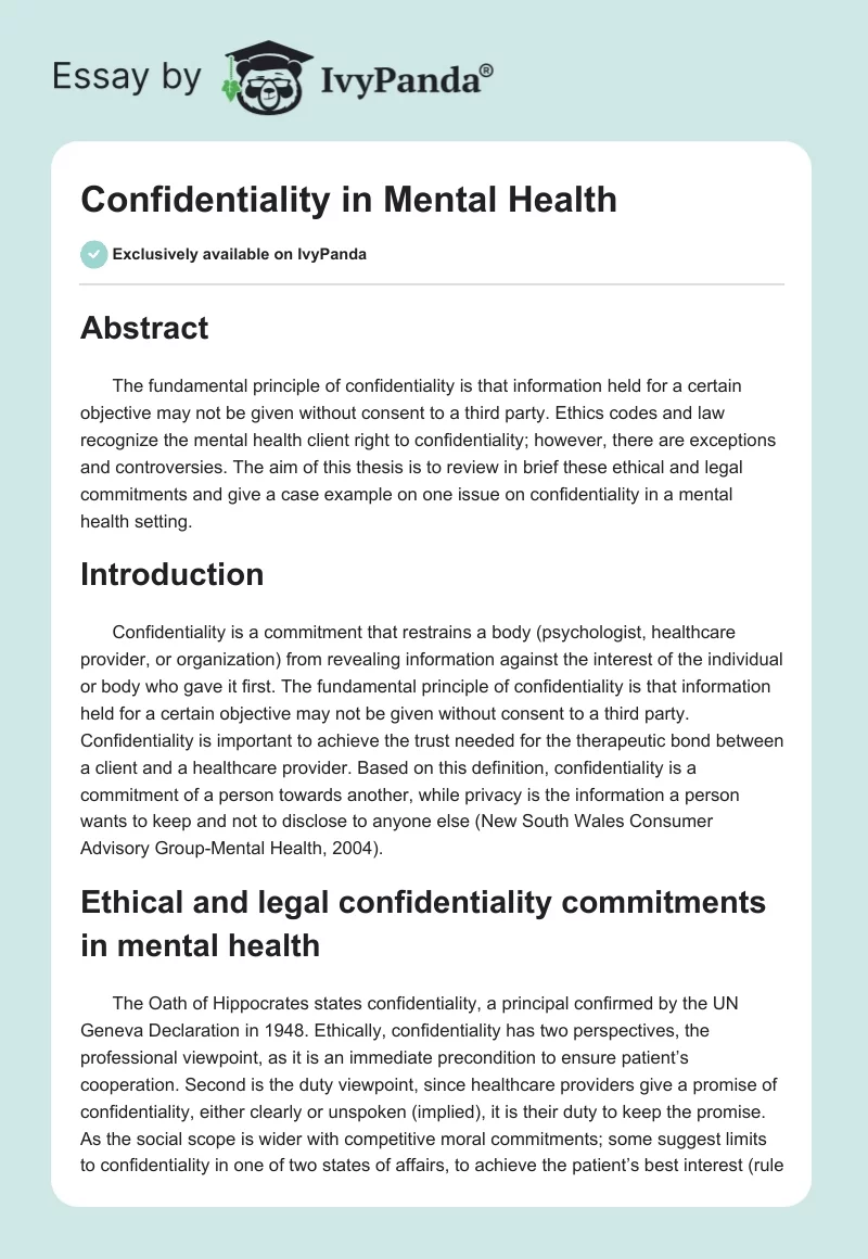 Confidentiality in Mental Health. Page 1