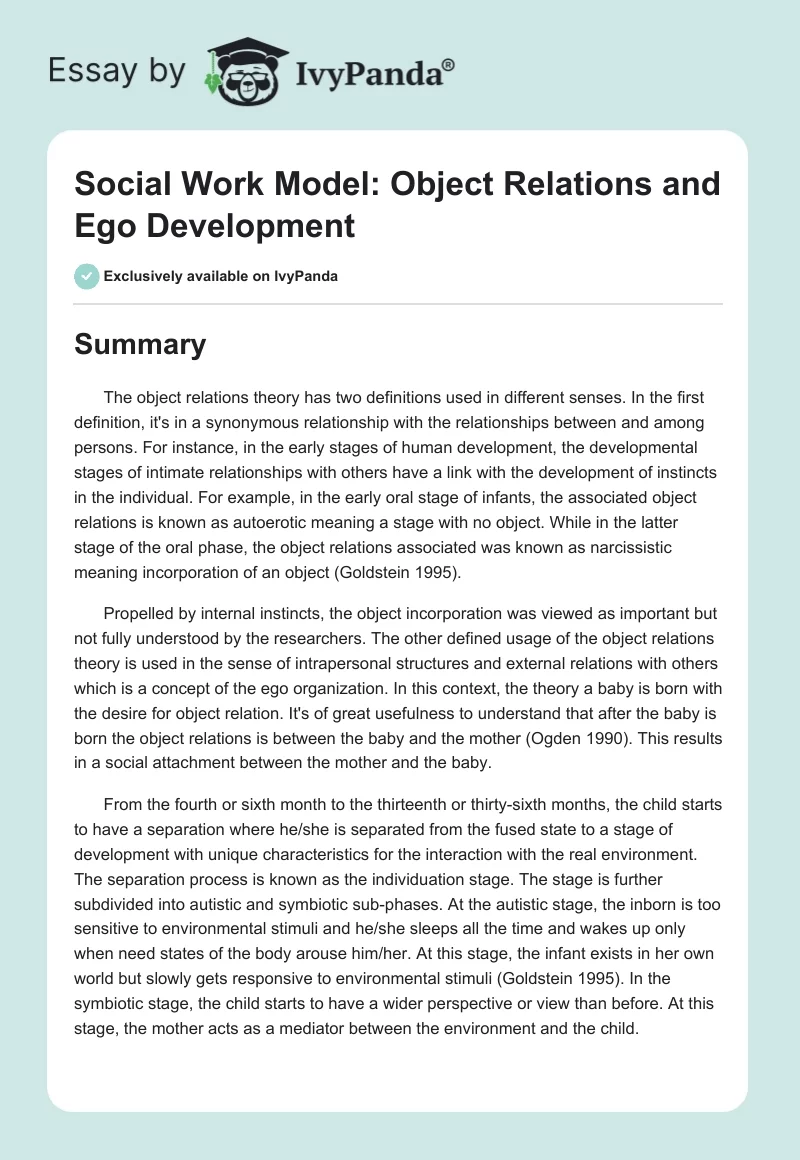 Social Work Model: Object Relations and Ego Development. Page 1