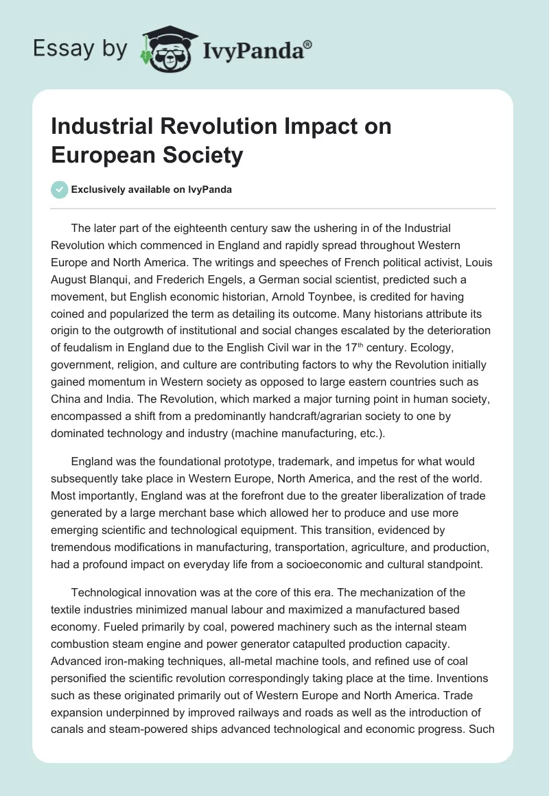 Industrial Revolution Impact on European Society. Page 1