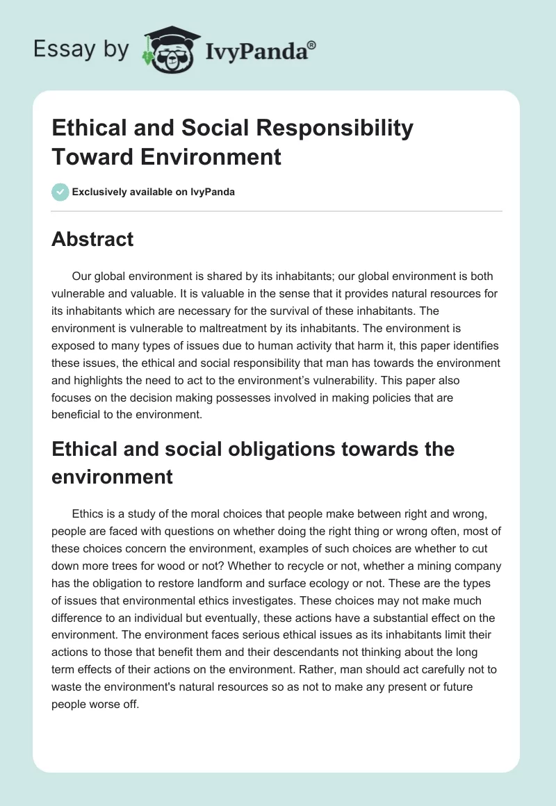 Ethical and Social Responsibility Toward Environment. Page 1