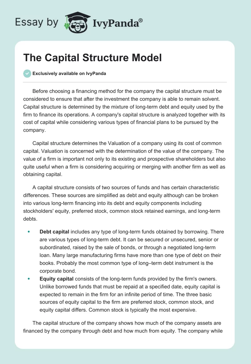The Capital Structure Model. Page 1