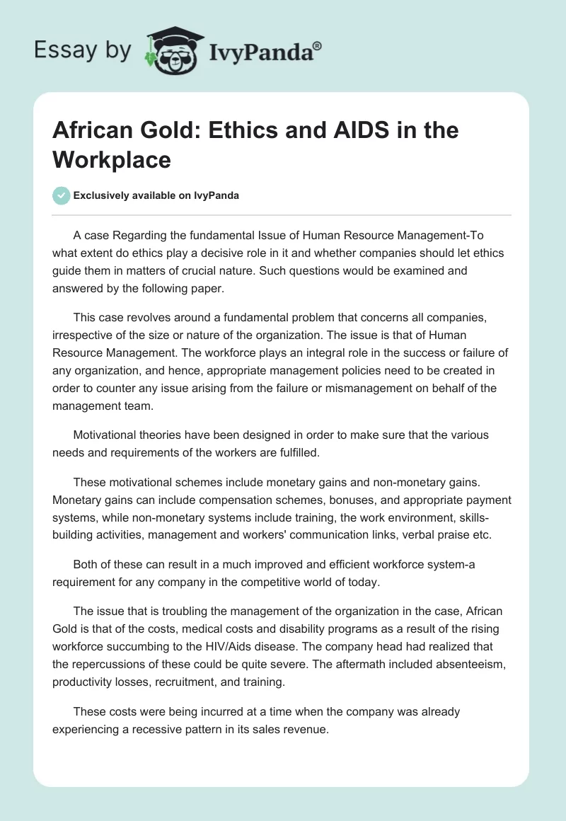 African Gold: Ethics and AIDS in the Workplace. Page 1