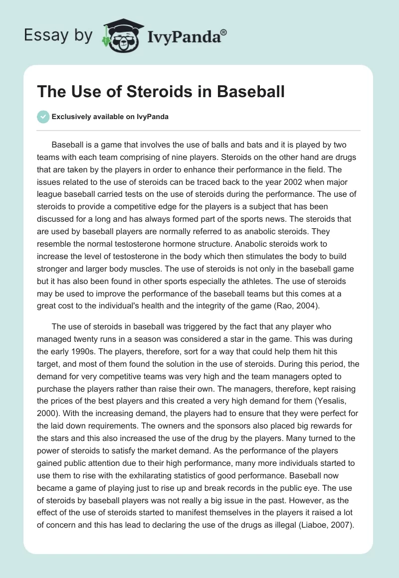 The Use of Steroids in Baseball. Page 1