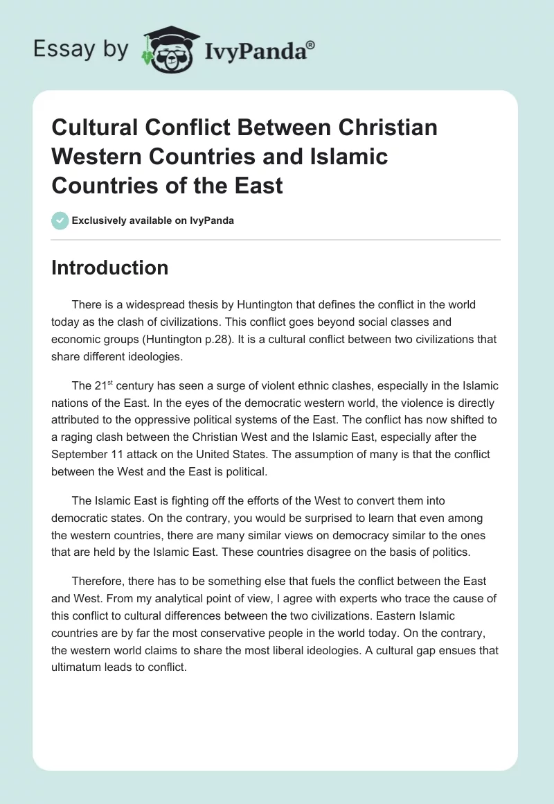Cultural Conflict Between Christian Western Countries and Islamic Countries of the East. Page 1