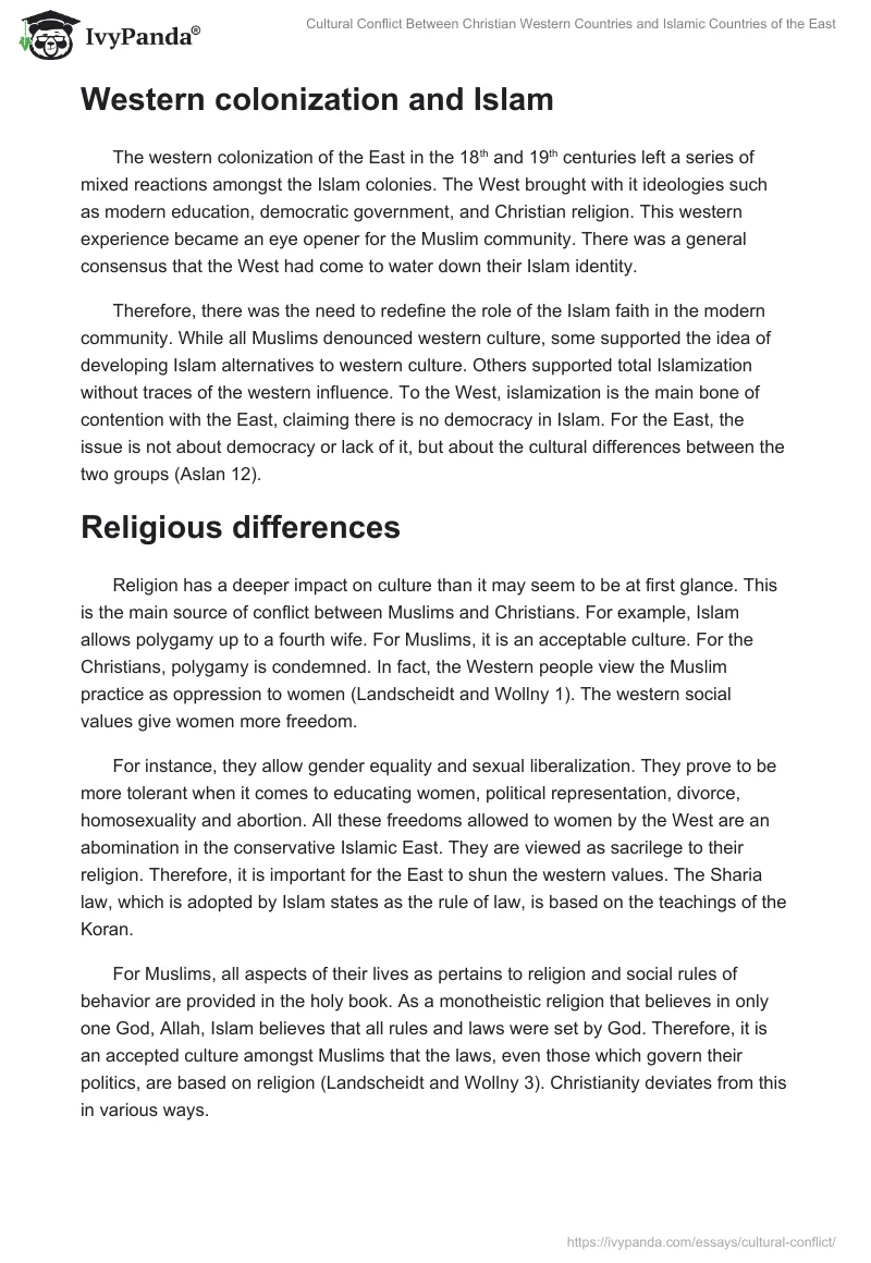 Cultural Conflict Between Christian Western Countries and Islamic Countries of the East. Page 2