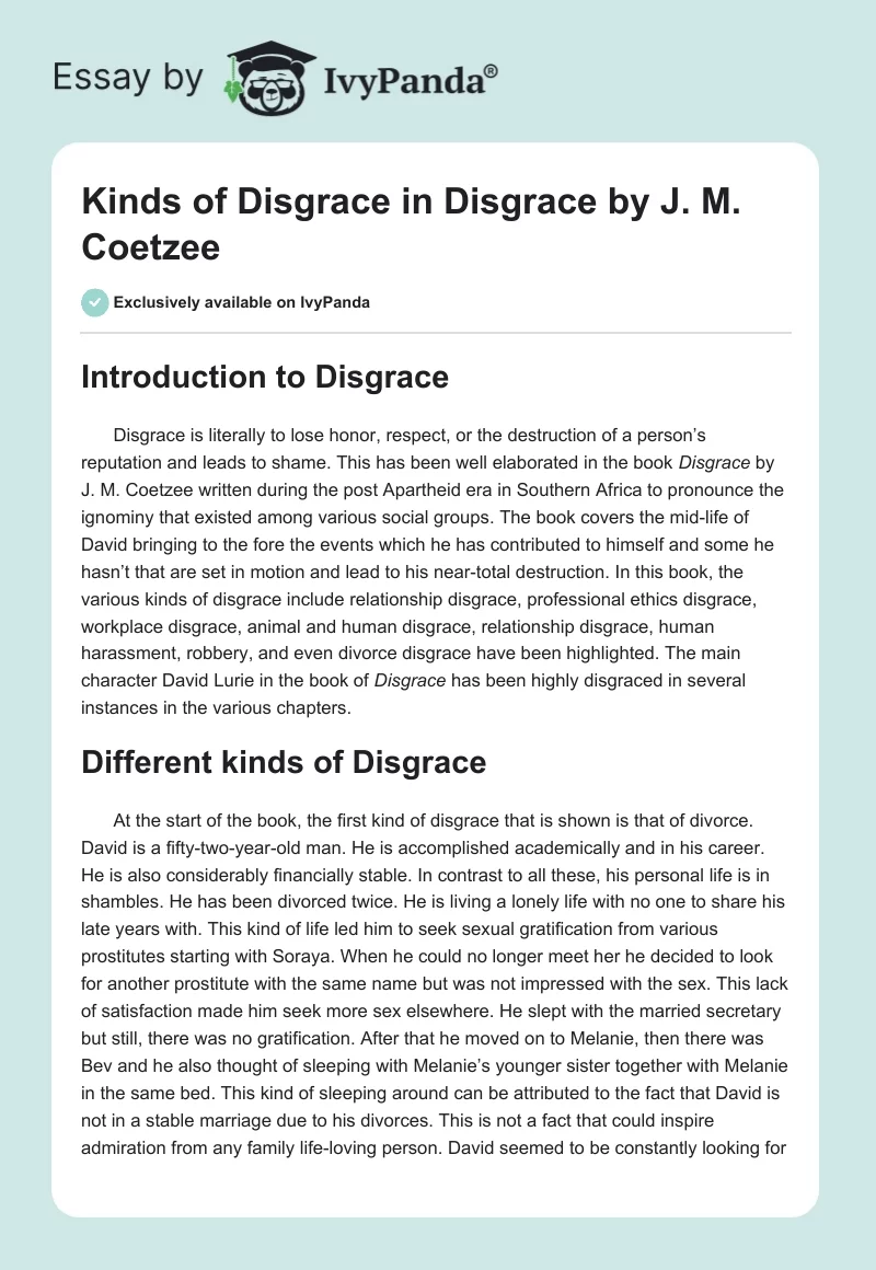 Kinds of Disgrace in "Disgrace" by J. M. Coetzee. Page 1