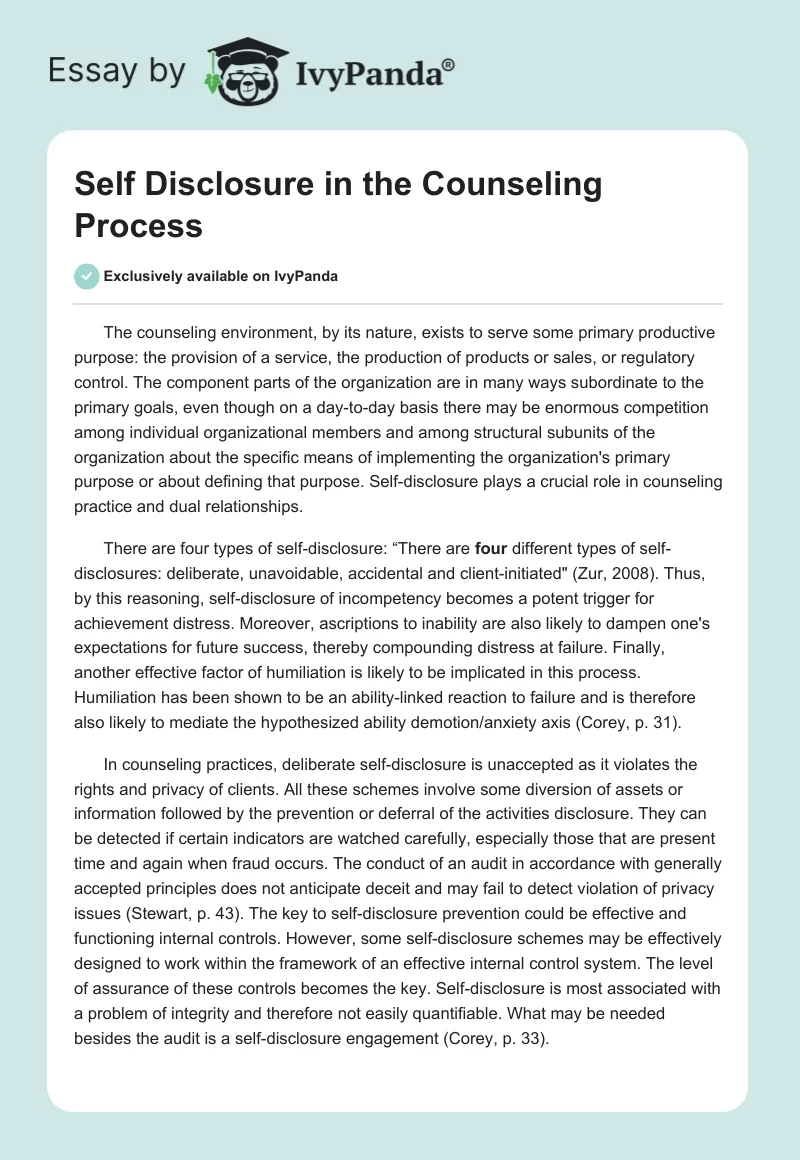 Self Disclosure in the Counseling Process. Page 1