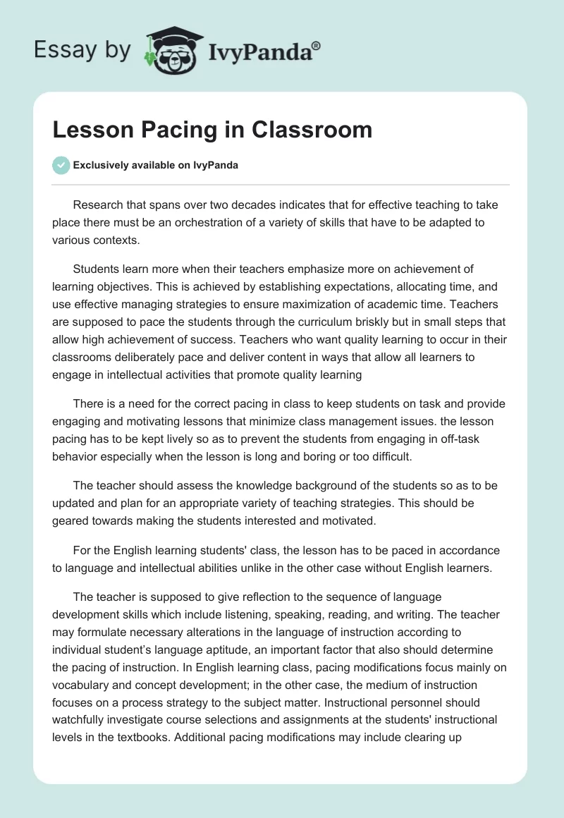 Lesson Pacing in Classroom. Page 1
